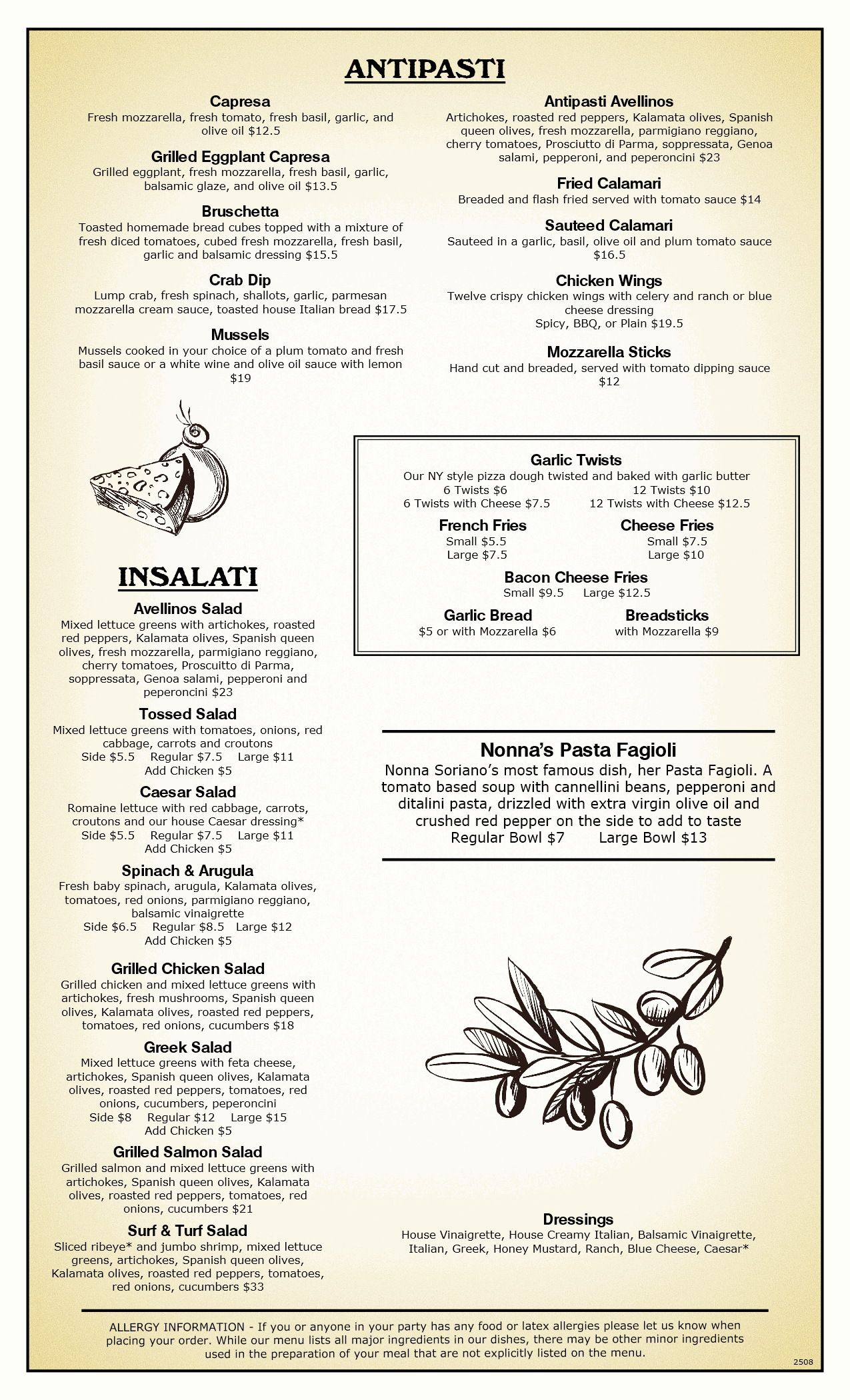 Avellinos Restaurant Menu 2508 p1